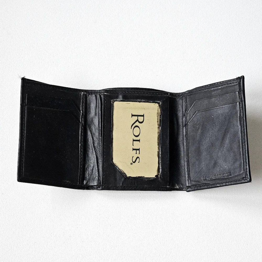 Vintage 80s Rolfs Soft Genuine Leather Black Trifold Wallet Men’s ID Window